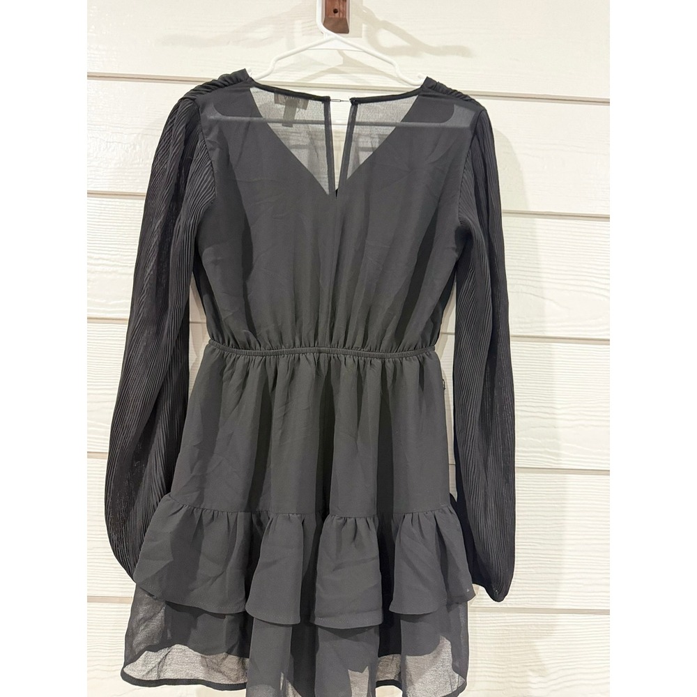B- 038-Privy Black Long Sleeve Mini Dress Pleated Chiffon Ruffle Tiered V-Neck M
